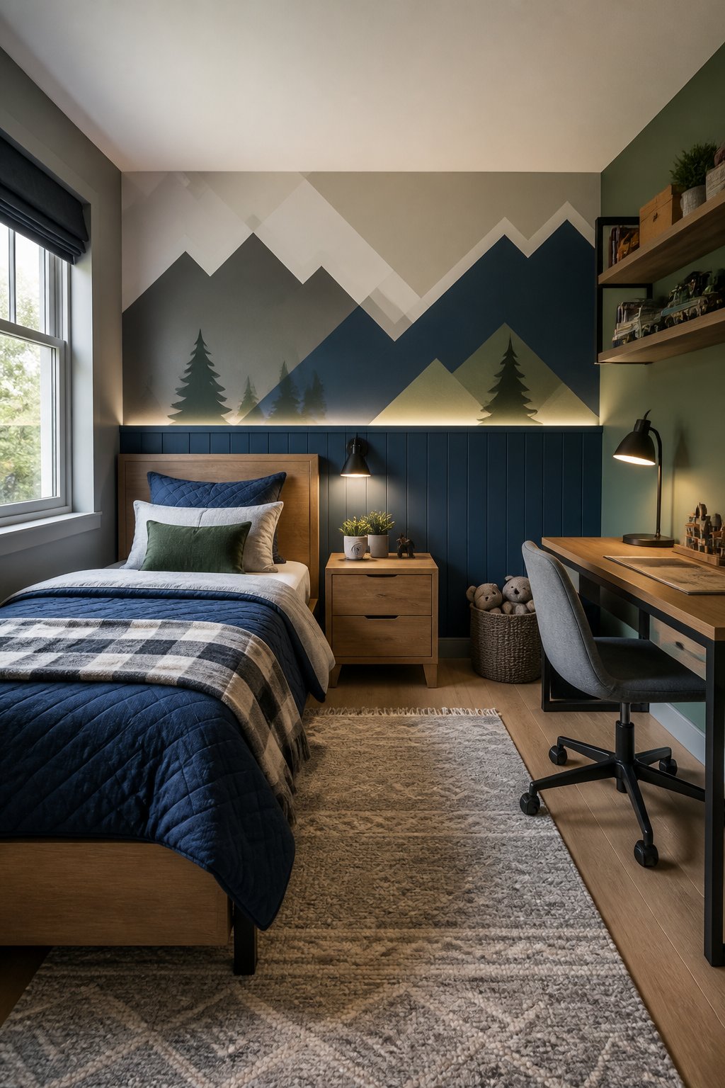 A stylish boys' bedroom with a colorful geometric accent wall, bed, desk, shelves, and soft natural lighting.
