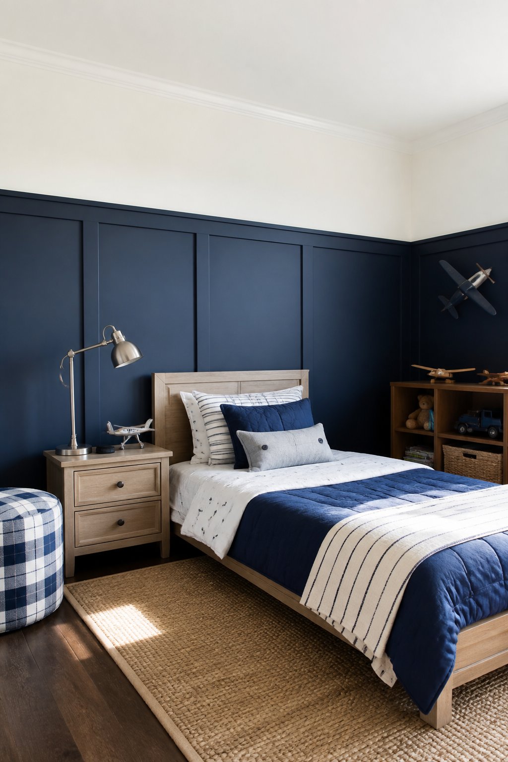 A boys’ bedroom with a deep navy paneled accent wall, white walls, and a neatly made bed.