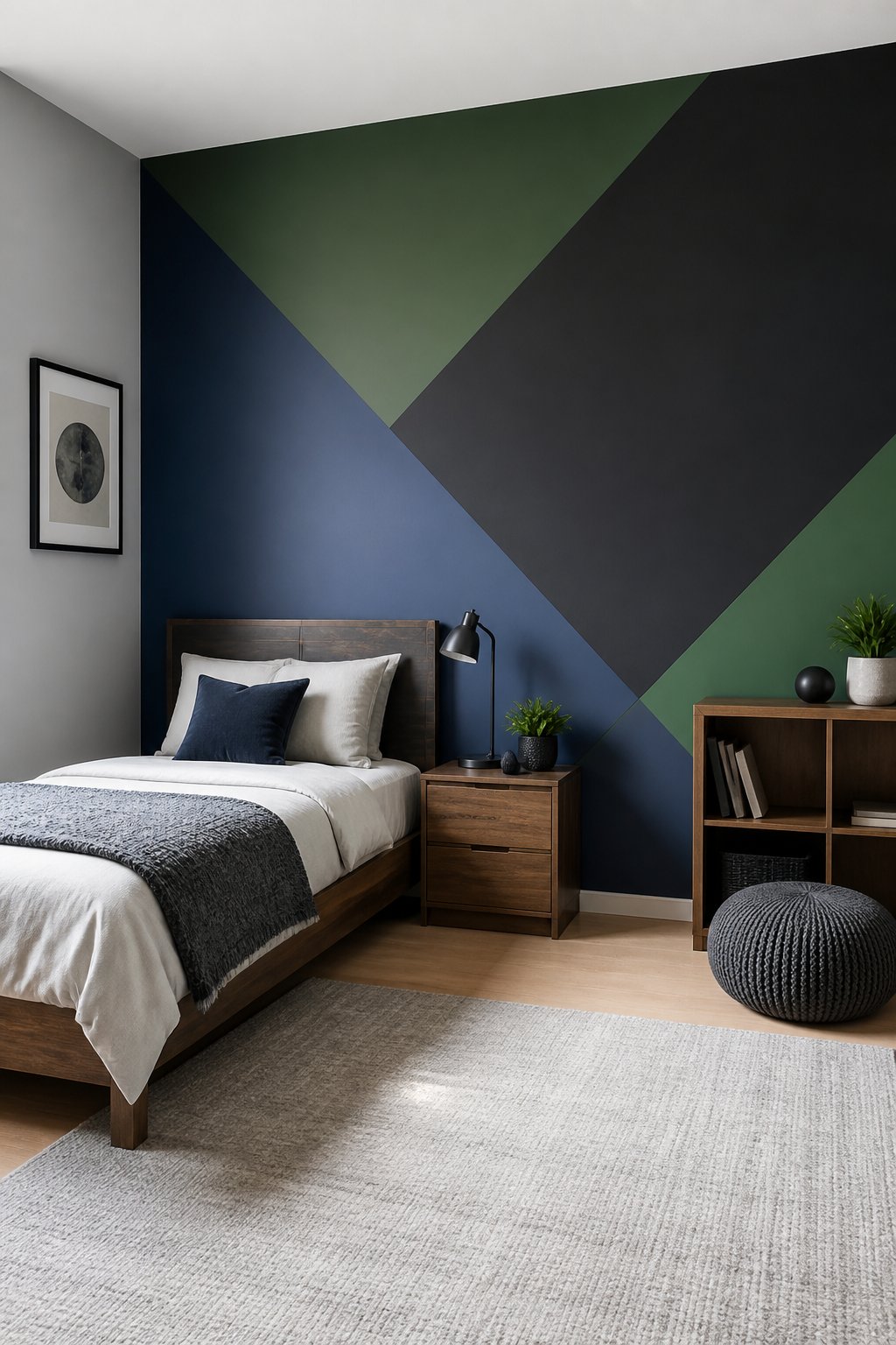 A modern boys' bedroom with a green, blue, and black geometric accent wall.