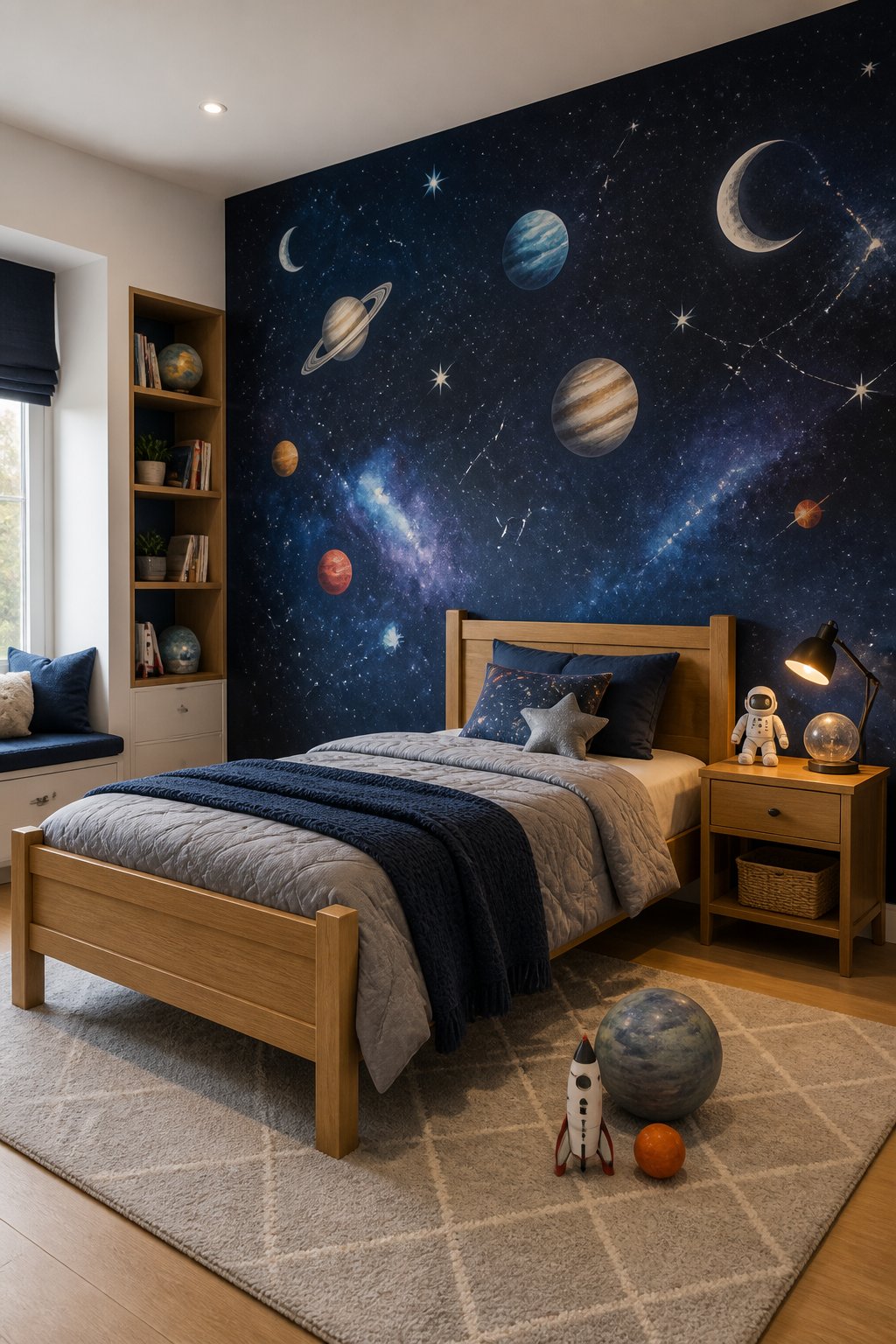 A tidy boys' bedroom with a colorful planets and stars mural covering one accent wall.