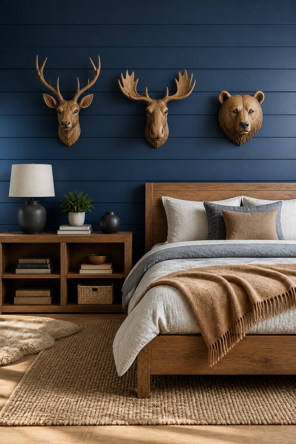 A boys' bedroom with a blue shiplap accent wall decorated with three animal busts.