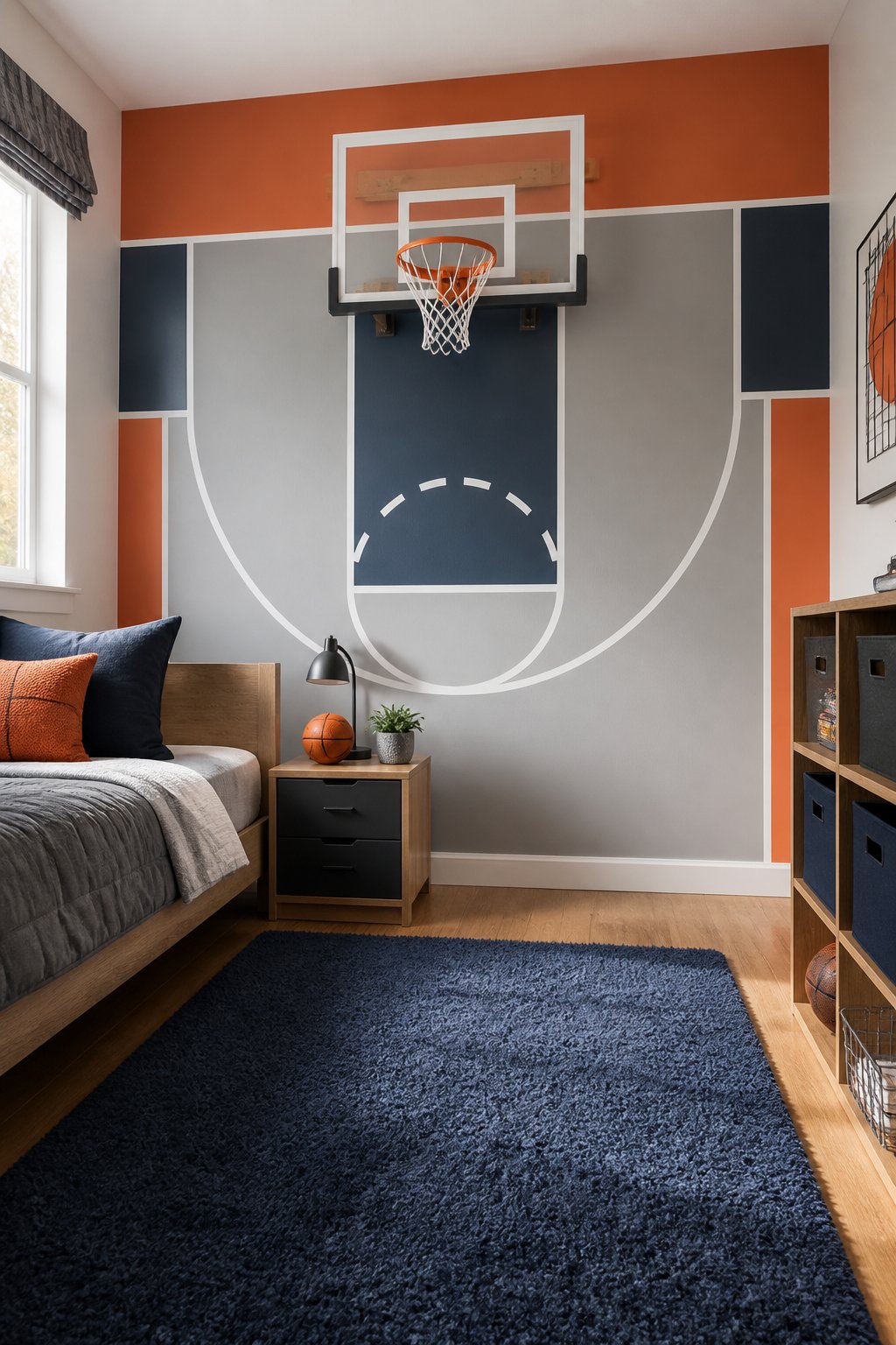 A boys' bedroom with a basketball court design painted on the wall and a wall-mounted hoop.