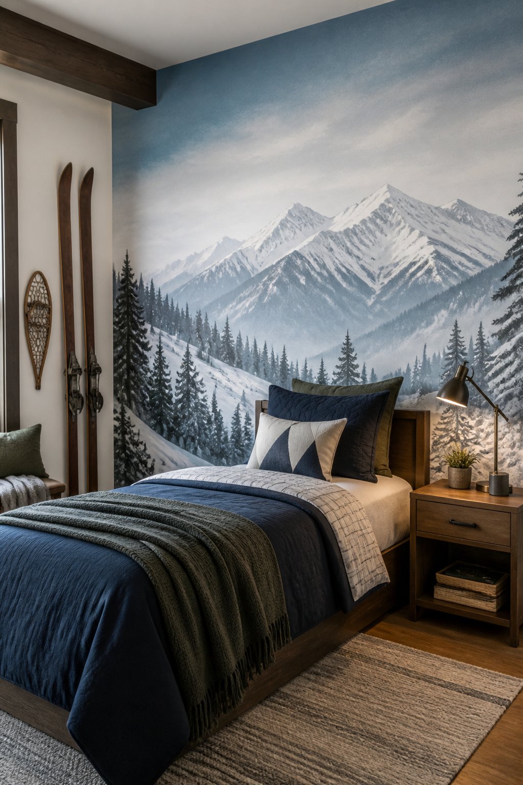 A boy’s bedroom with a snow-covered mountain mural behind a neatly made bed.