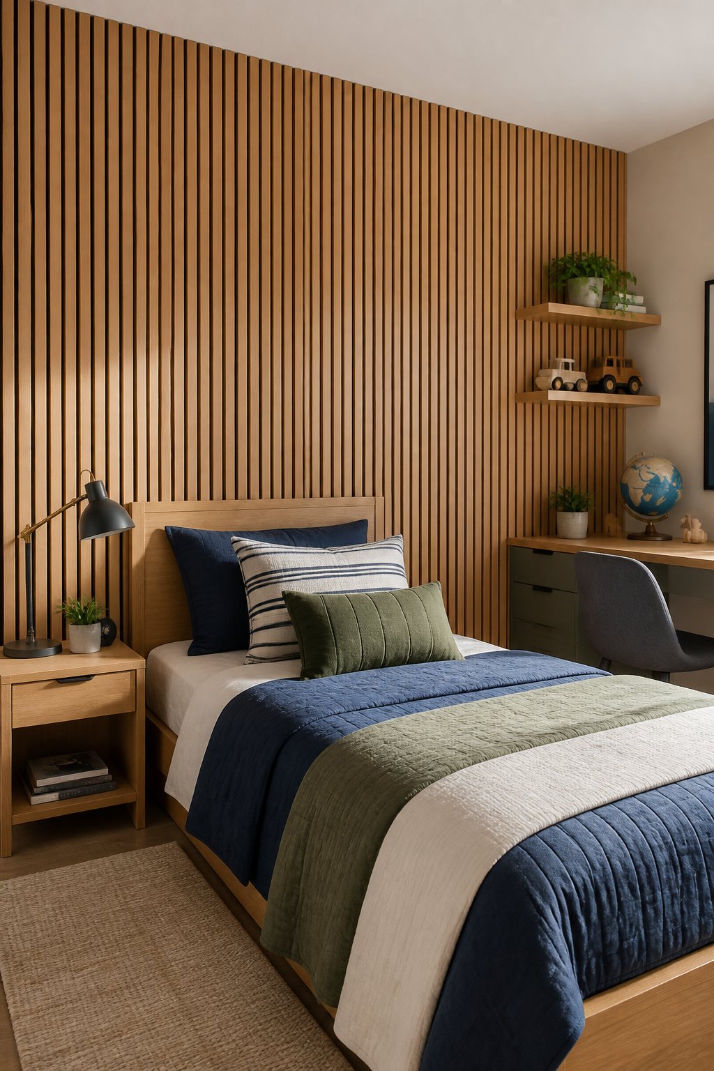 A boys' bedroom with a floor-to-ceiling natural oak slat accent wall, a neatly made bed, and simple modern furnishings.