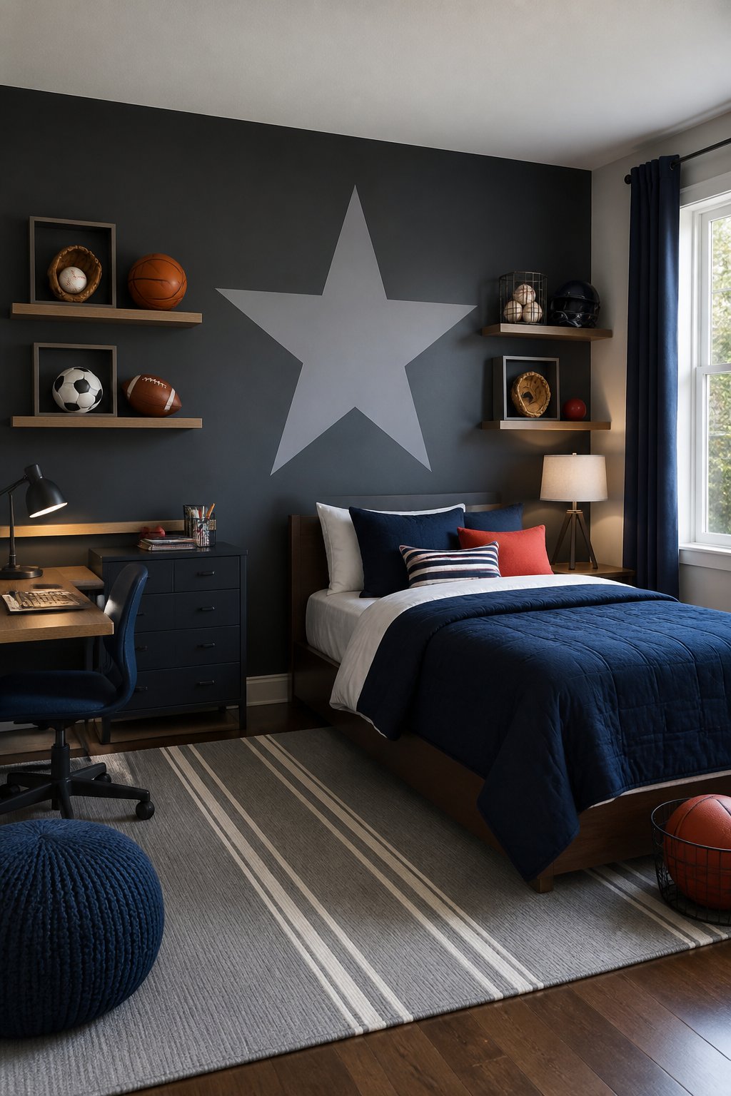 A boys' bedroom with a charcoal gray star accent wall and sports-themed decor.