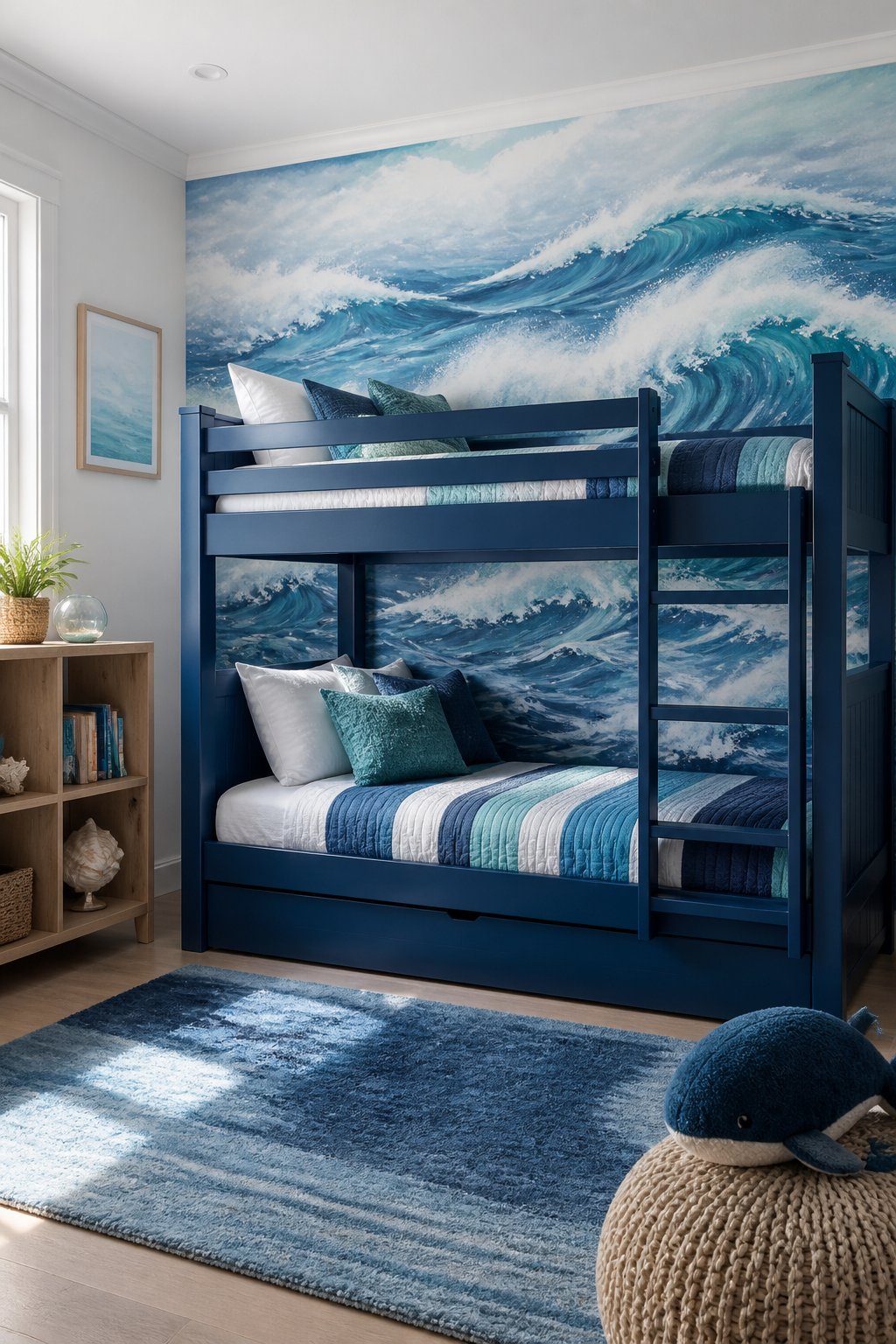 A blue bunk bed stands against an ocean wave wallpaper accent wall in a bright boys' bedroom.
