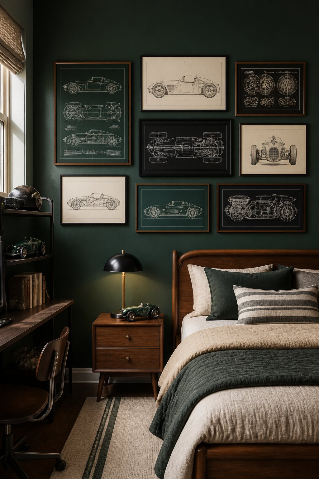 A boys’ bedroom with a dark green wall displaying framed vintage car blueprint artwork.