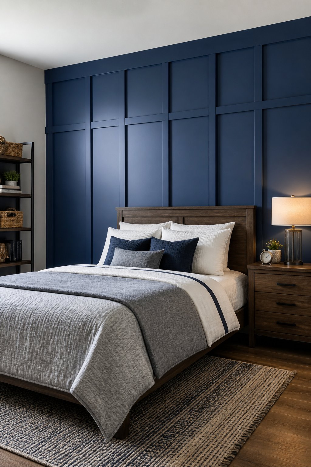 A neatly furnished boys' bedroom with a cobalt blue board-and-batten wall behind the bed.