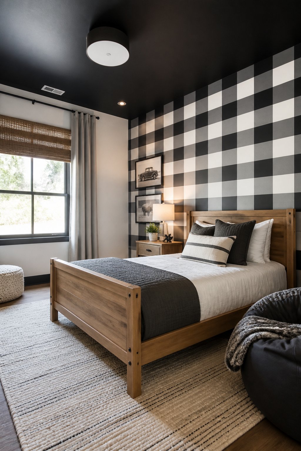 A boys’ bedroom with a black-and-white buffalo check accent wall, black ceiling, wooden furniture, and neutral bedding.