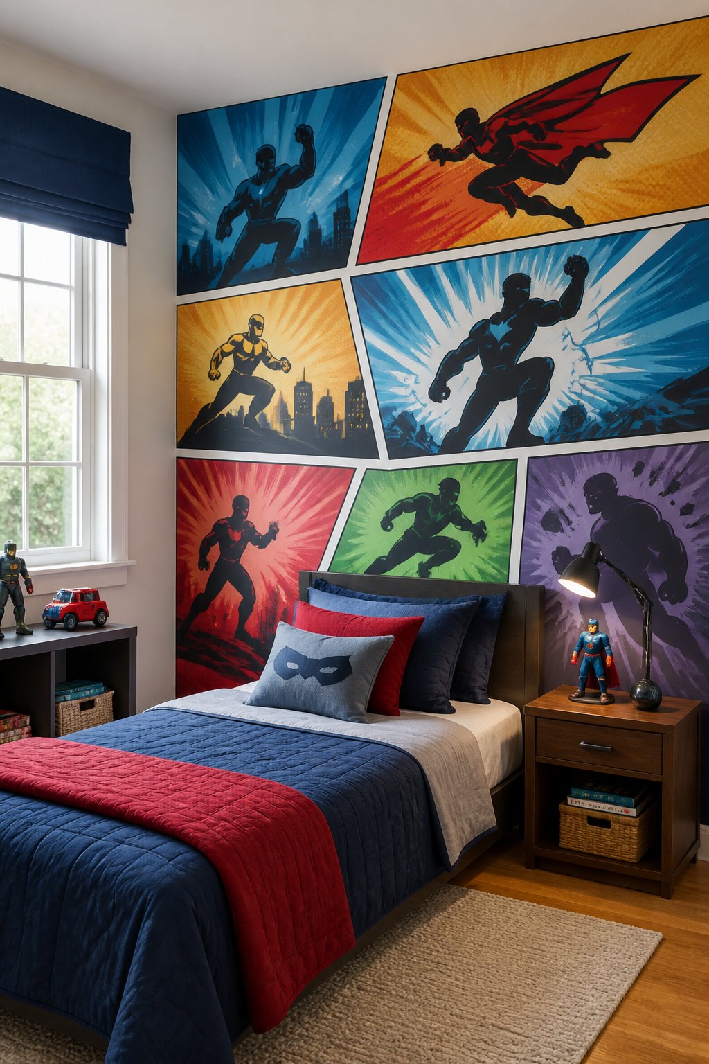 A bright boys' bedroom with a colorful removable superhero comic-style decal wall behind the bed.