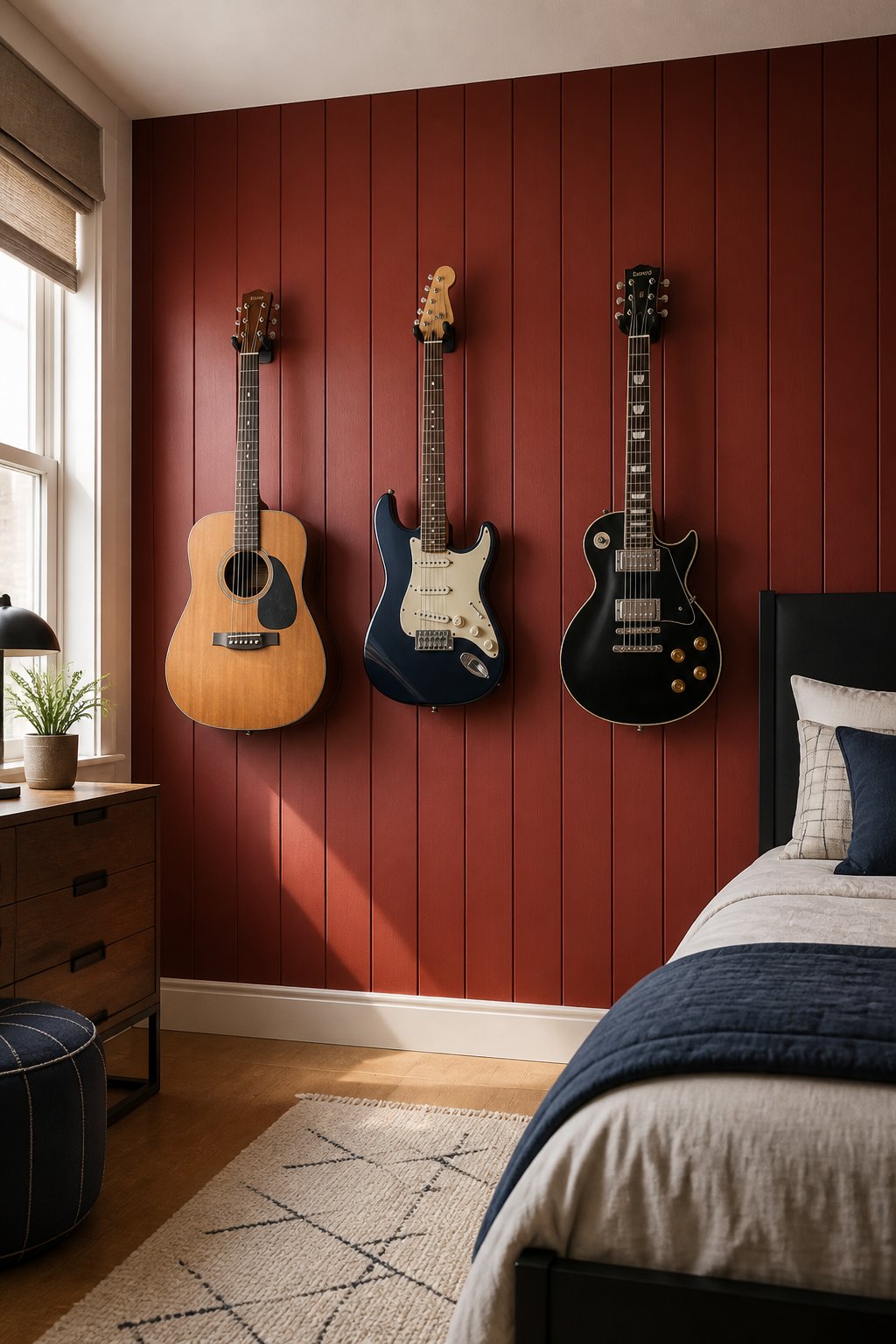 A boys' bedroom wall with red vertical paneling and three decorative guitars mounted above simple furnishings.