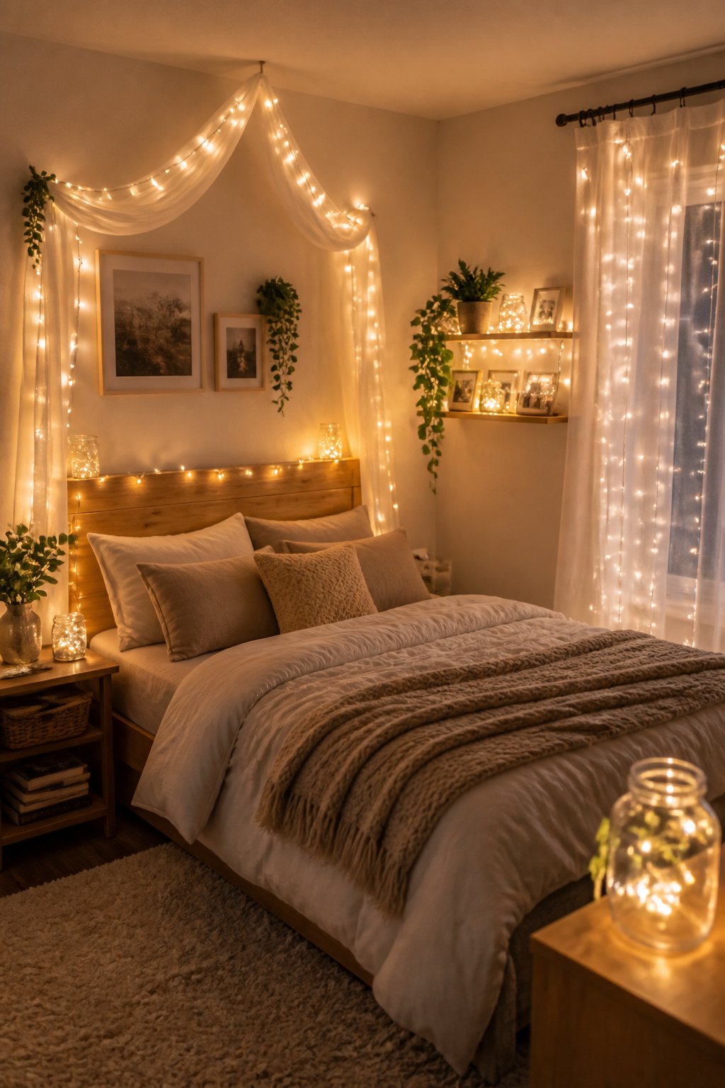 A small cozy bedroom decorated with warm fairy lights around the bed, shelves, curtains, and glass jars.