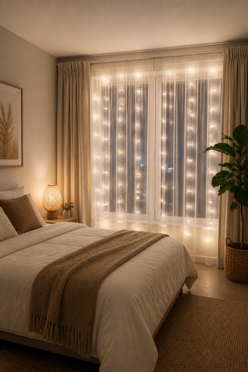 A cozy small bedroom with warm white curtain lights glowing behind sheer window panels.