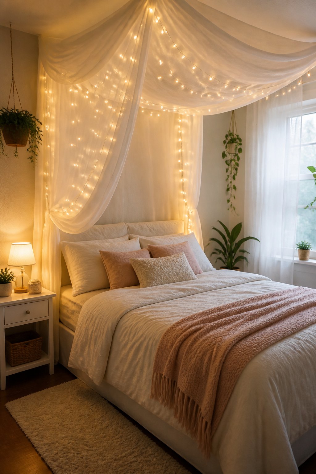 A small bedroom with a bed surrounded by sheer netting and warm glowing fairy lights.