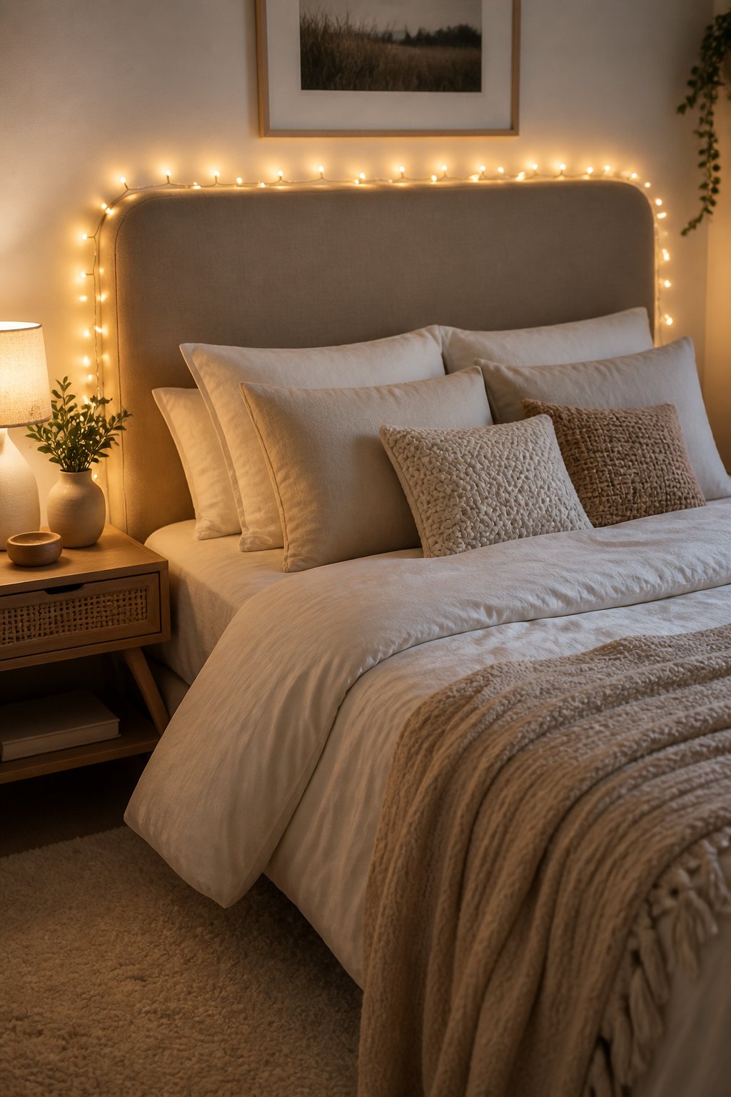 A cozy small bedroom with warm white string lights wrapped around the headboard.