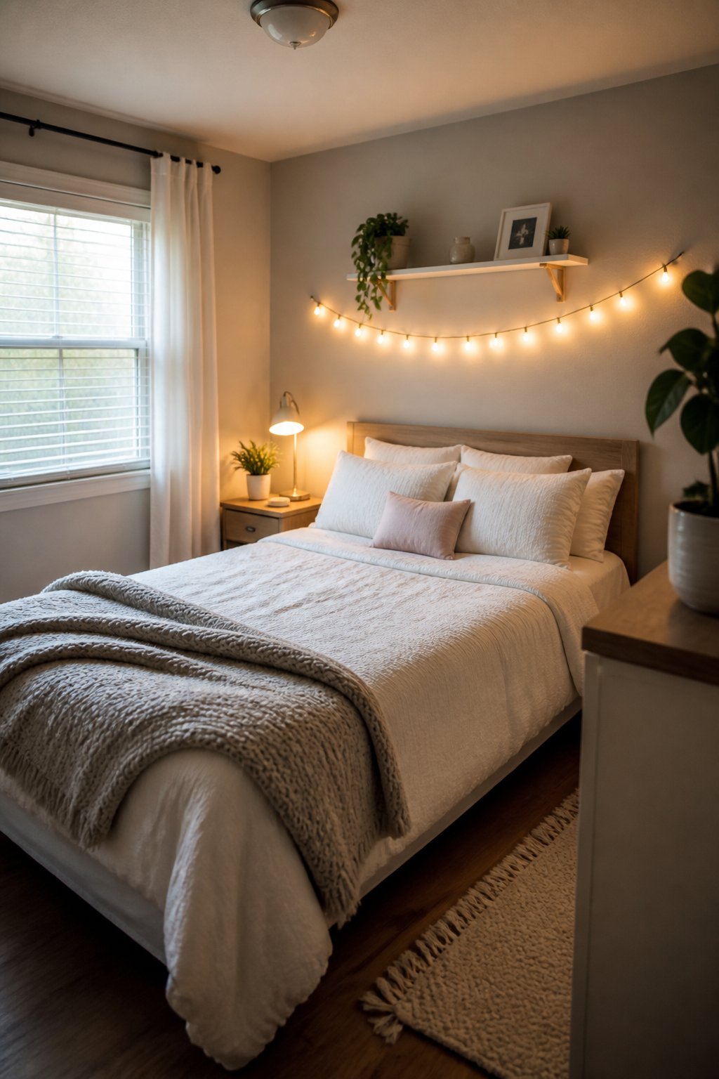A small cozy bedroom with warm string lights arranged above a neatly made bed.