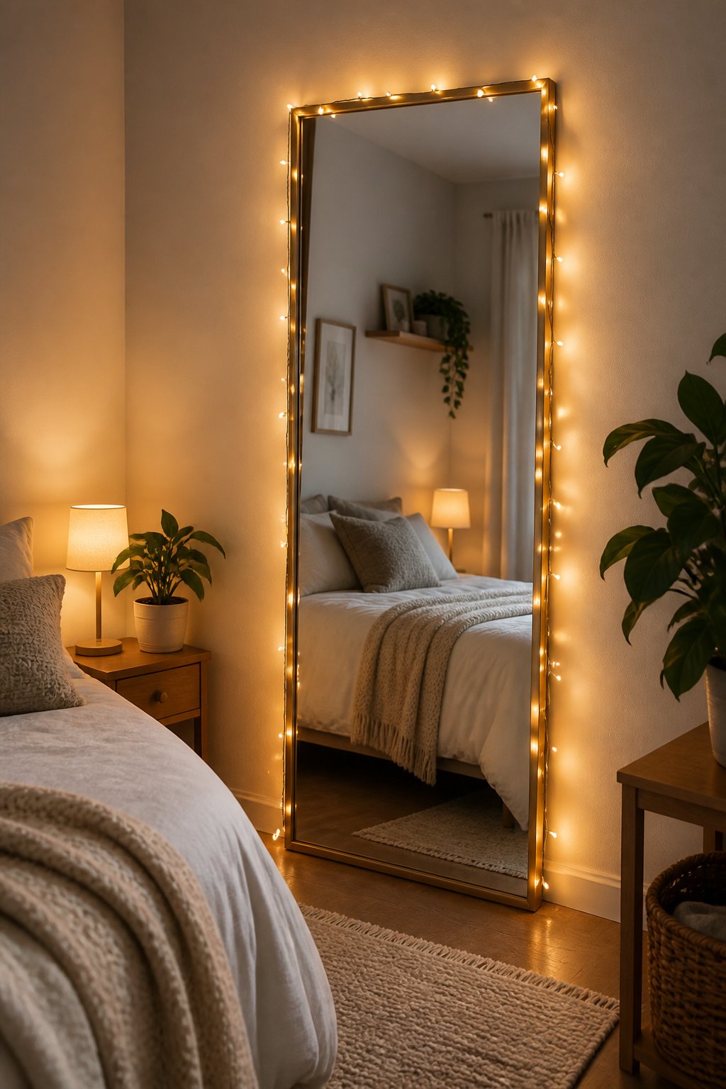 A full-length mirror outlined with warm fairy lights in a small, tidy bedroom.