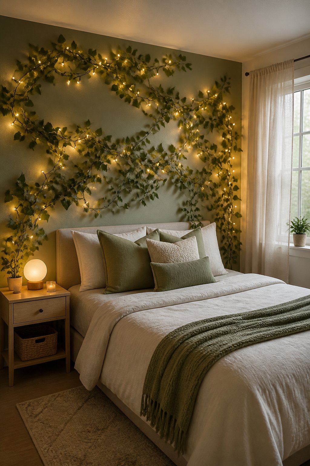 A small bedroom with an ivy garland and glowing fairy lights decorating a feature wall.