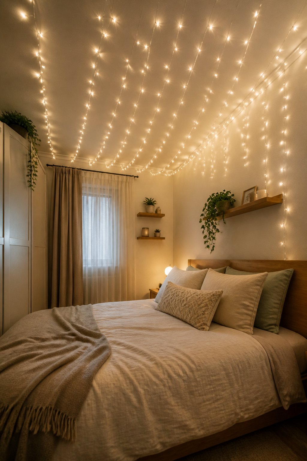 A cozy small bedroom with warm star curtain lights draped across the ceiling above a neatly made bed.