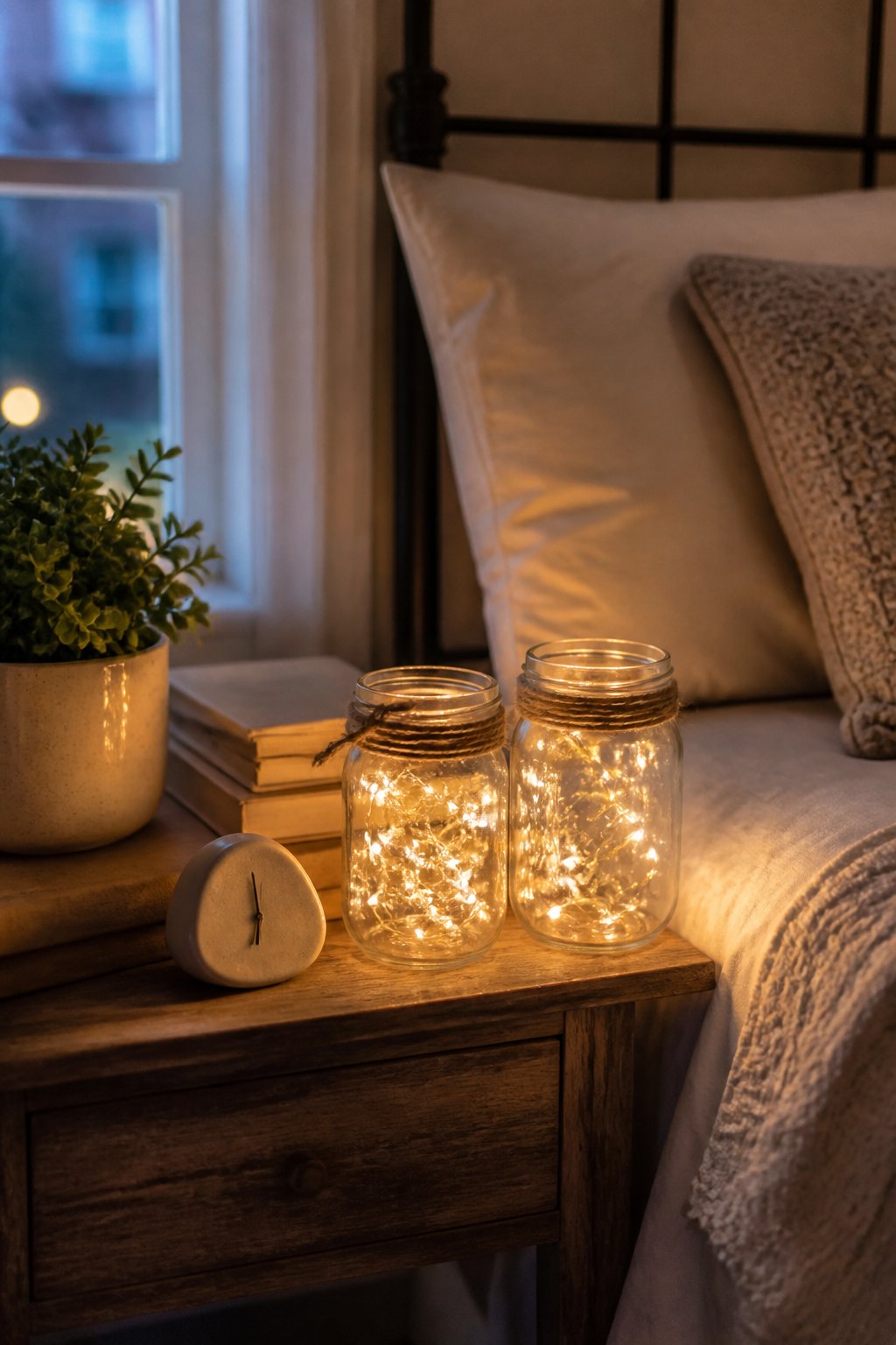 Two glowing mason jar lanterns sit on a small wooden nightstand beside a neatly made bed.