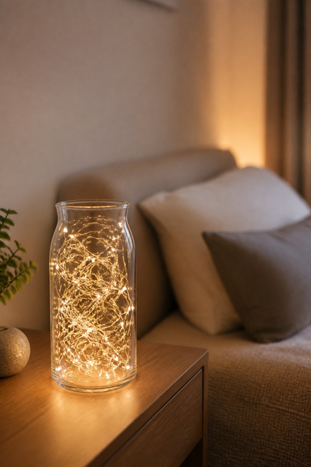 A clear glass vase filled with glowing warm-white wire lights on a bedside table in a small bedroom.
