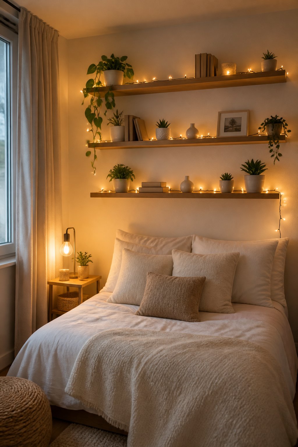 A small cozy bedroom with warm twinkle lights draped across floating shelves above a neatly made bed.