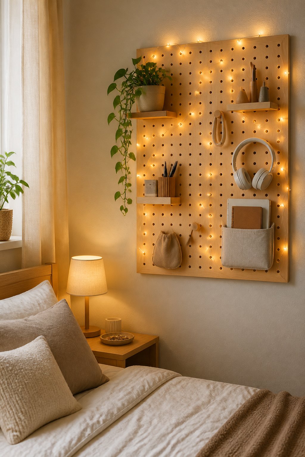 A small bedroom with warm fairy lights woven through a wooden pegboard organizer on the wall.