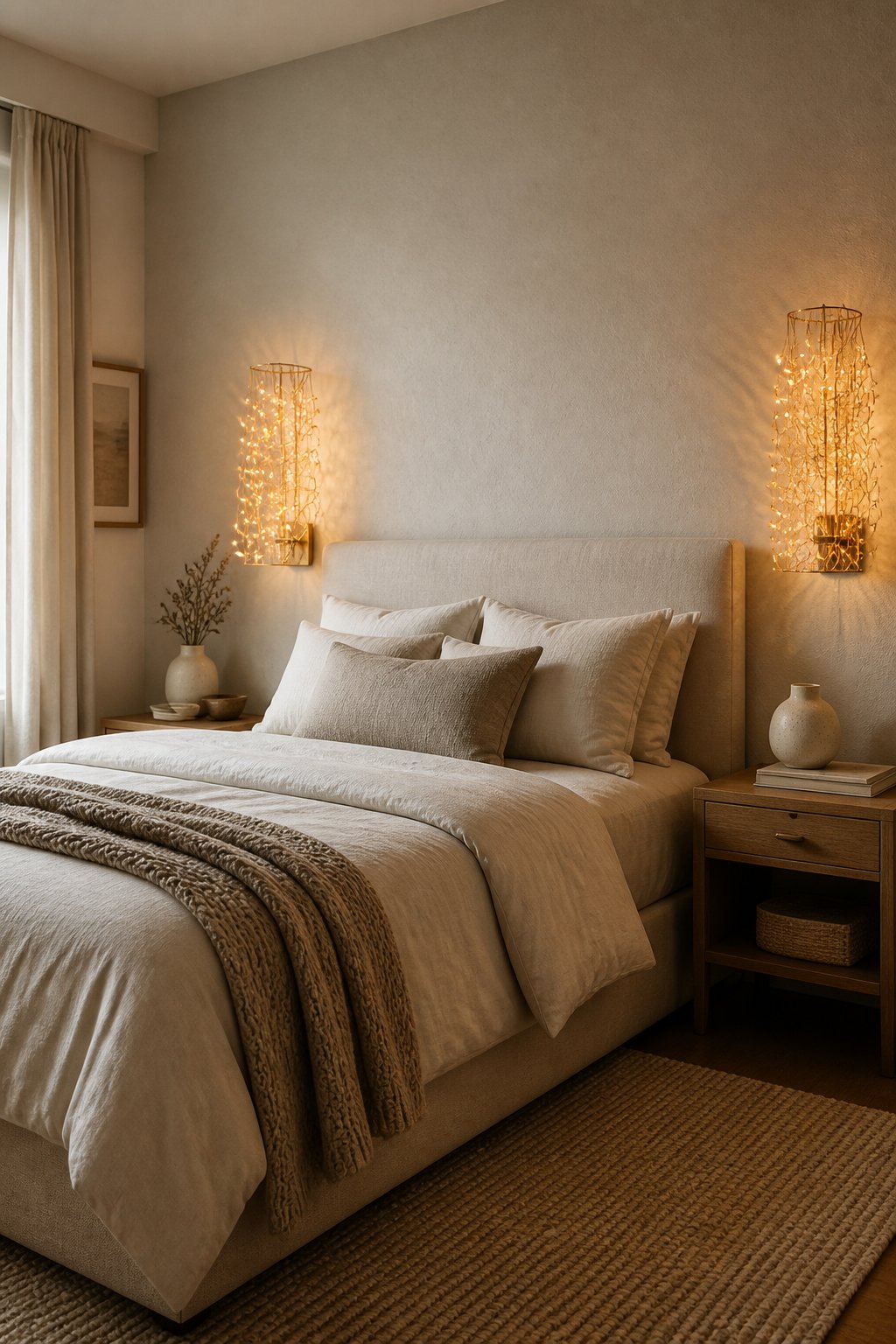 A small bedroom with warm fairy-light sconces mounted on the wall beside a neatly made bed.