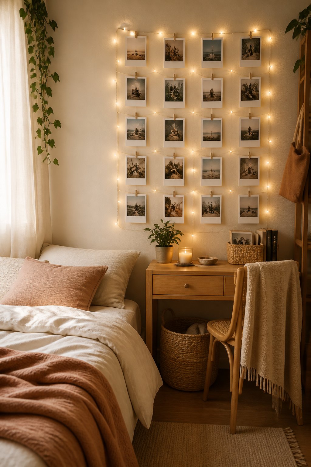 A cozy small bedroom with a grid of photos and warm fairy lights on the wall.
