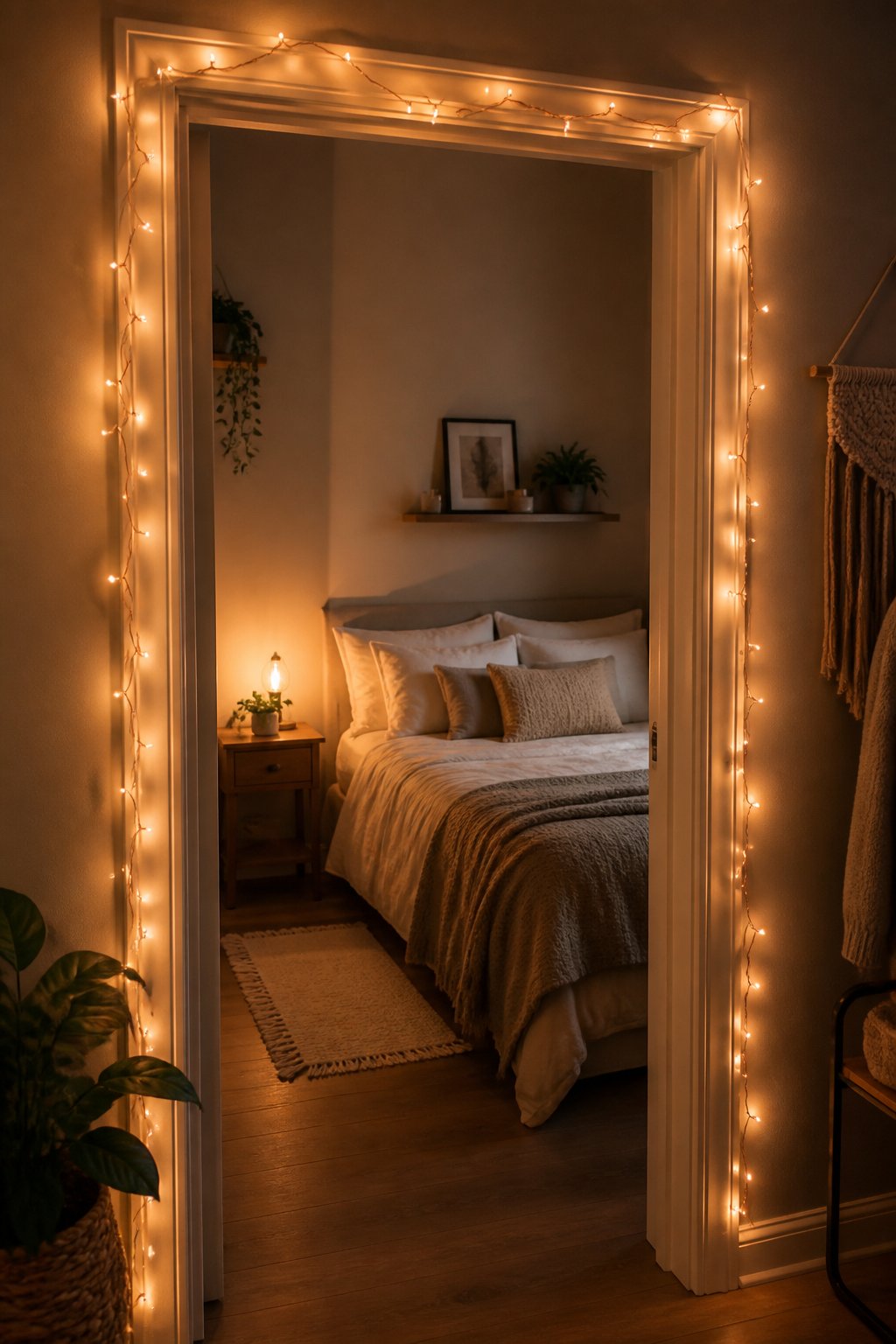 A small bedroom with warm copper wire lights wrapped around the doorway.