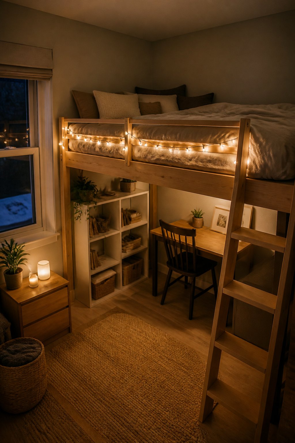 A small cozy bedroom with warm fairy lights draped along the rail of a loft bed.