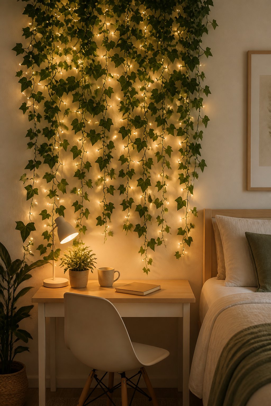 A small desk sits beneath a faux vine wall decorated with glowing fairy lights.
