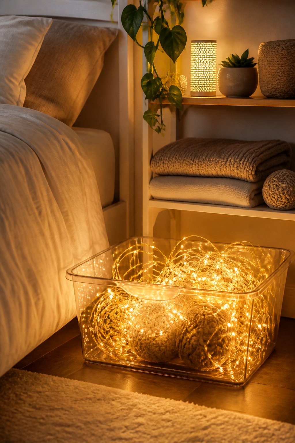 A clear storage basket filled with glowing warm-white fairy lights in a cozy small bedroom corner.