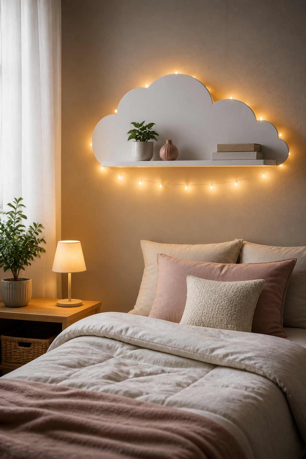 A cozy small bedroom with a cloud-shaped shelf decorated with warm white fairy lights.