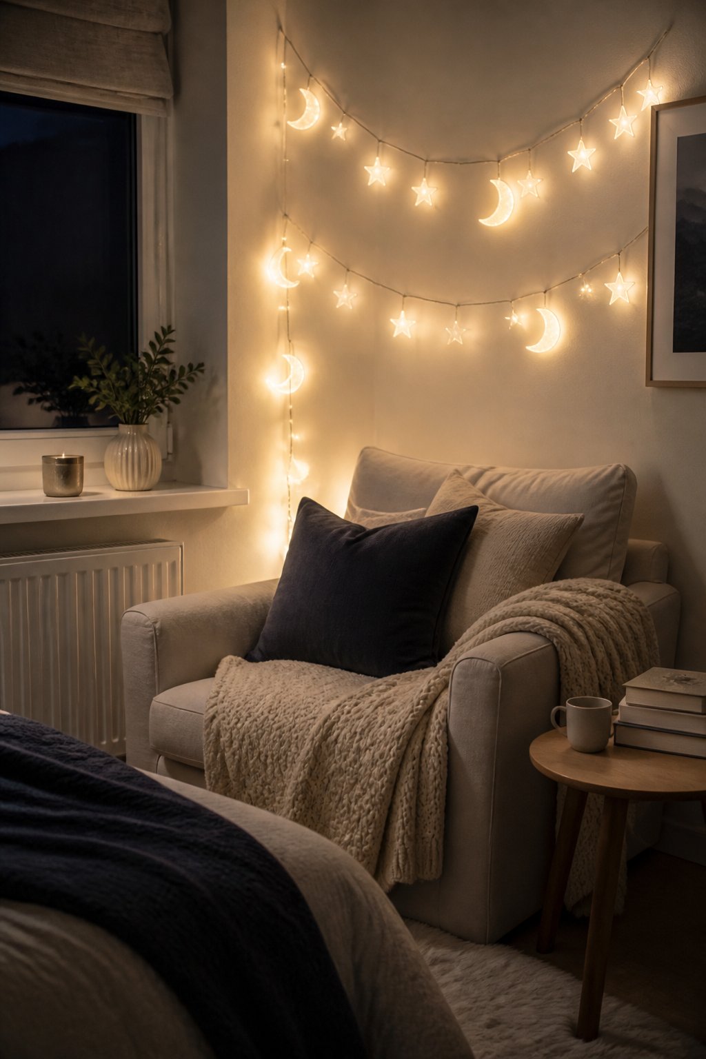 A cozy reading nook beneath glowing moon-and-star fairy lights.