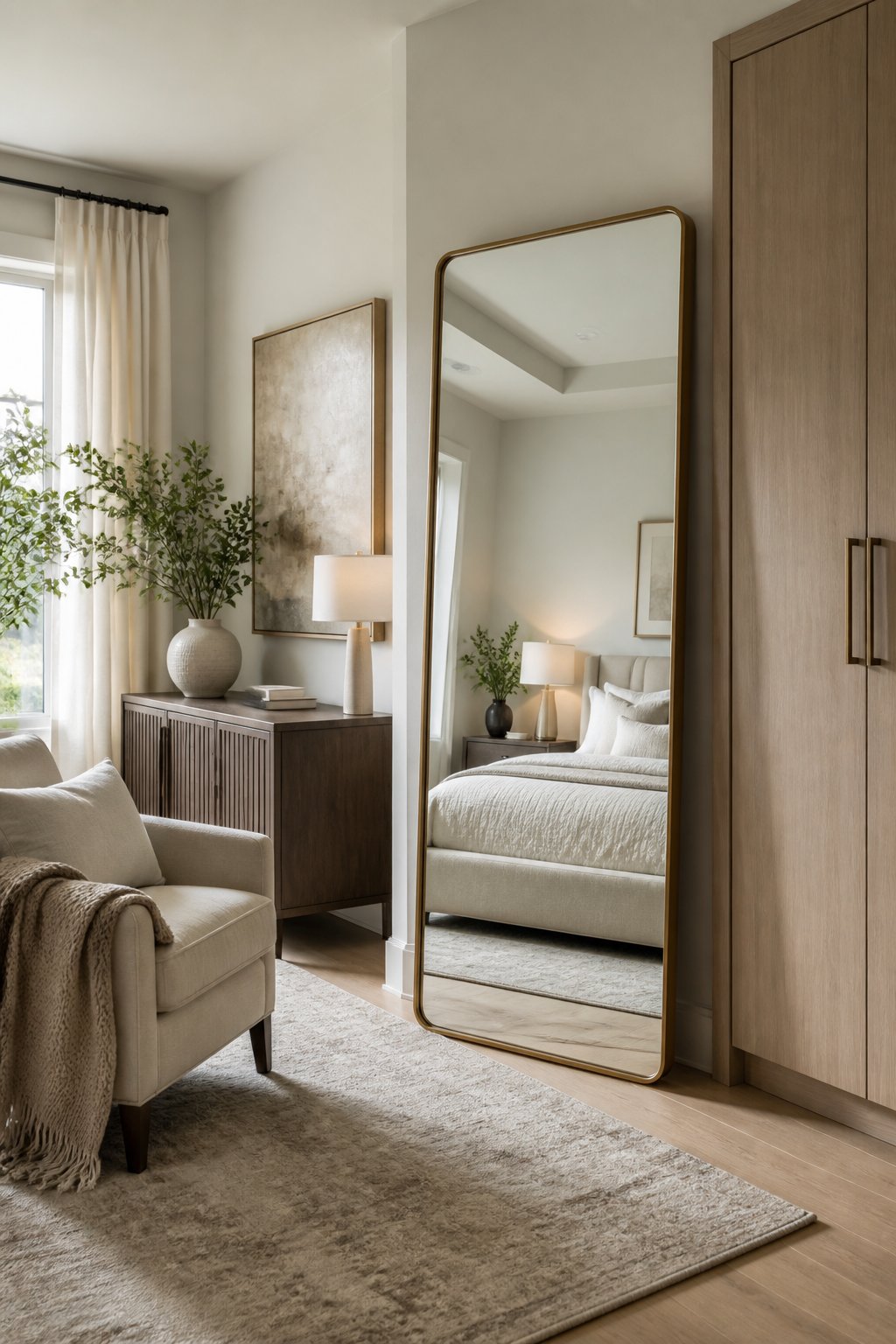 A bright, stylish bedroom with a full-length mirror beside a neatly made bed.