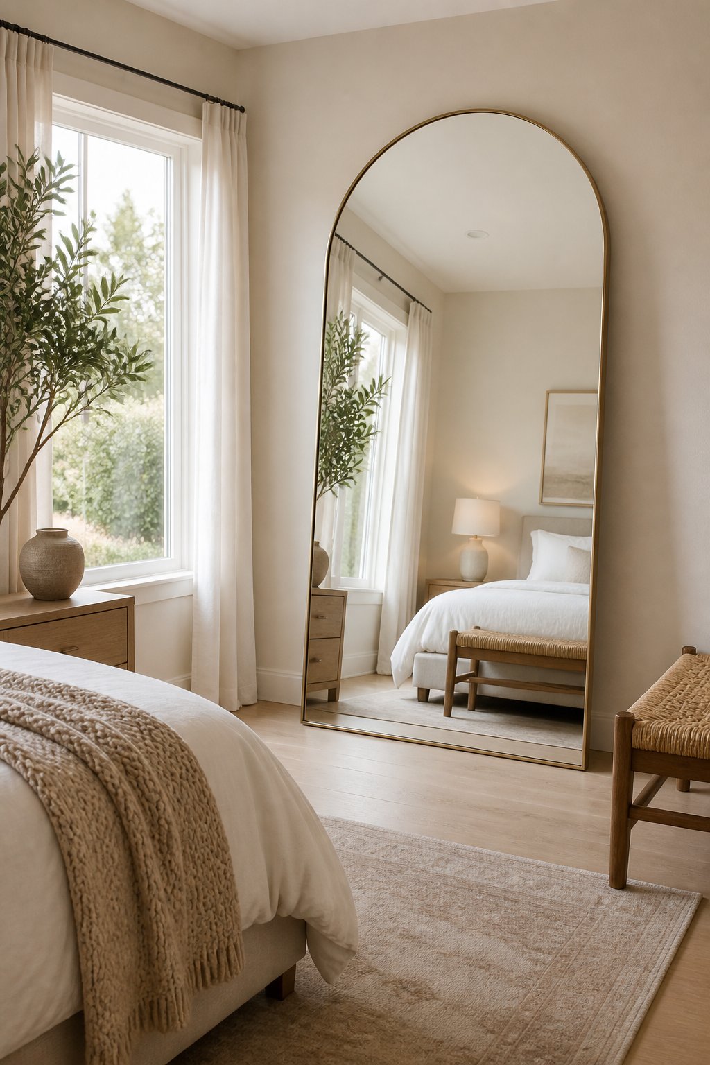 A bright bedroom with an oversized arched full-length mirror leaning against the wall opposite a window.