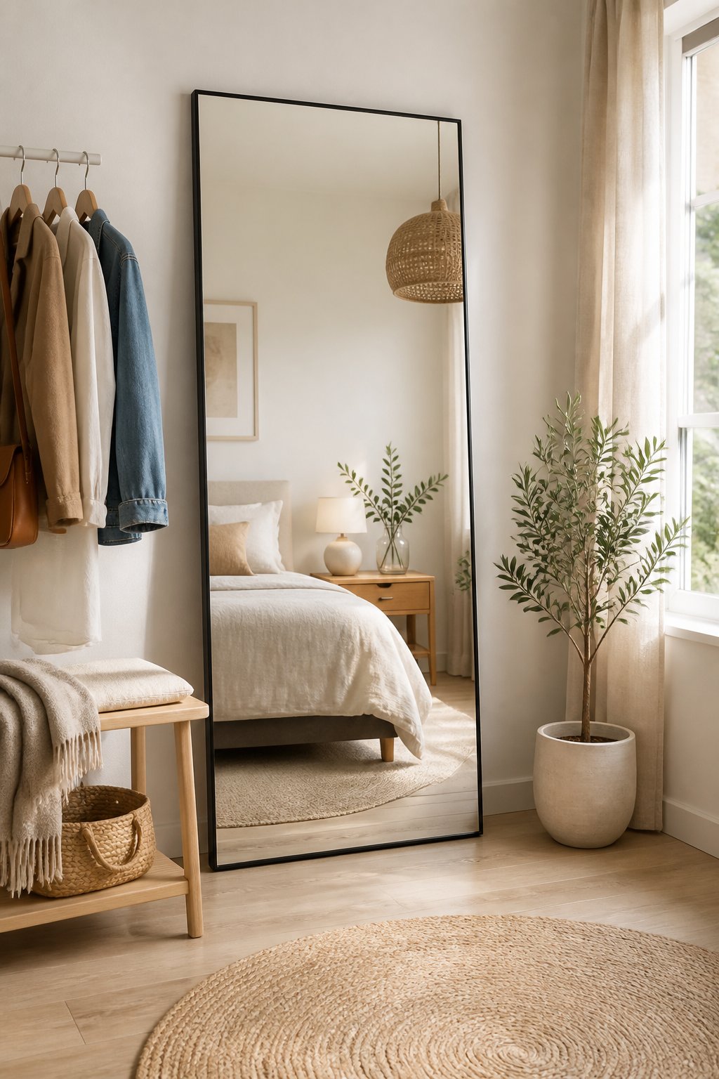A bright bedroom corner with a full-length mirror, wooden bench, plant, and woven basket.