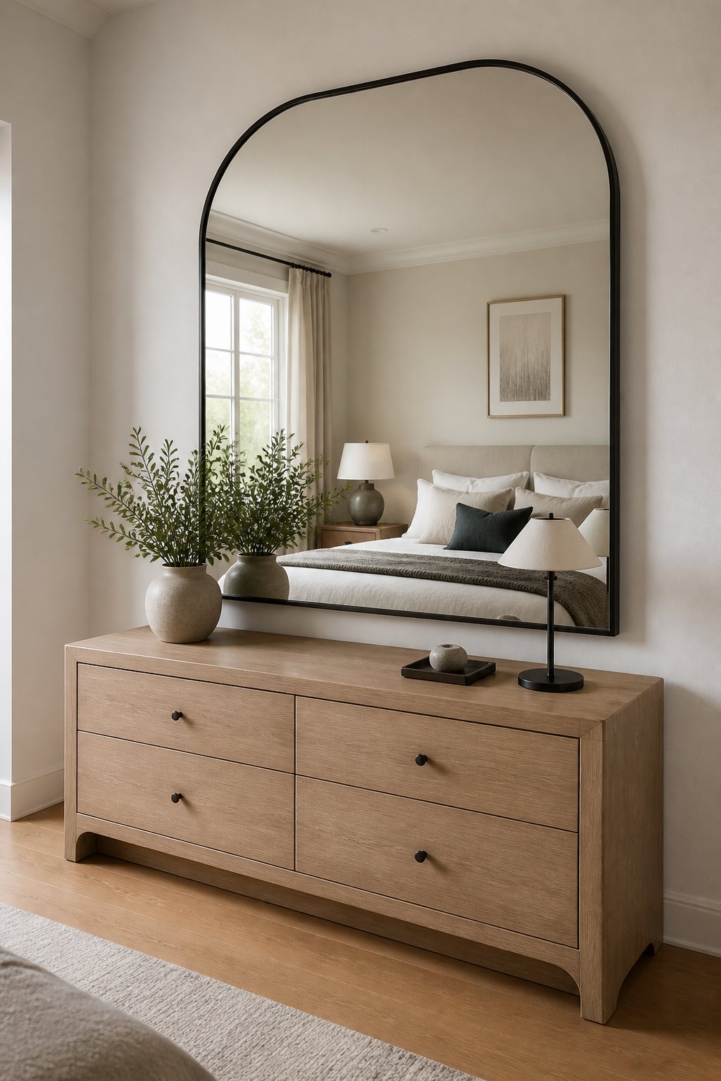A bedroom with a wooden dresser beneath a rounded black metal full-length mirror.