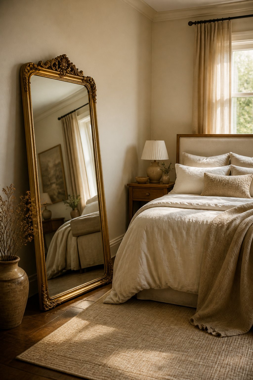 A vintage gold floor mirror stands beside a neatly made linen bed in a softly lit bedroom.