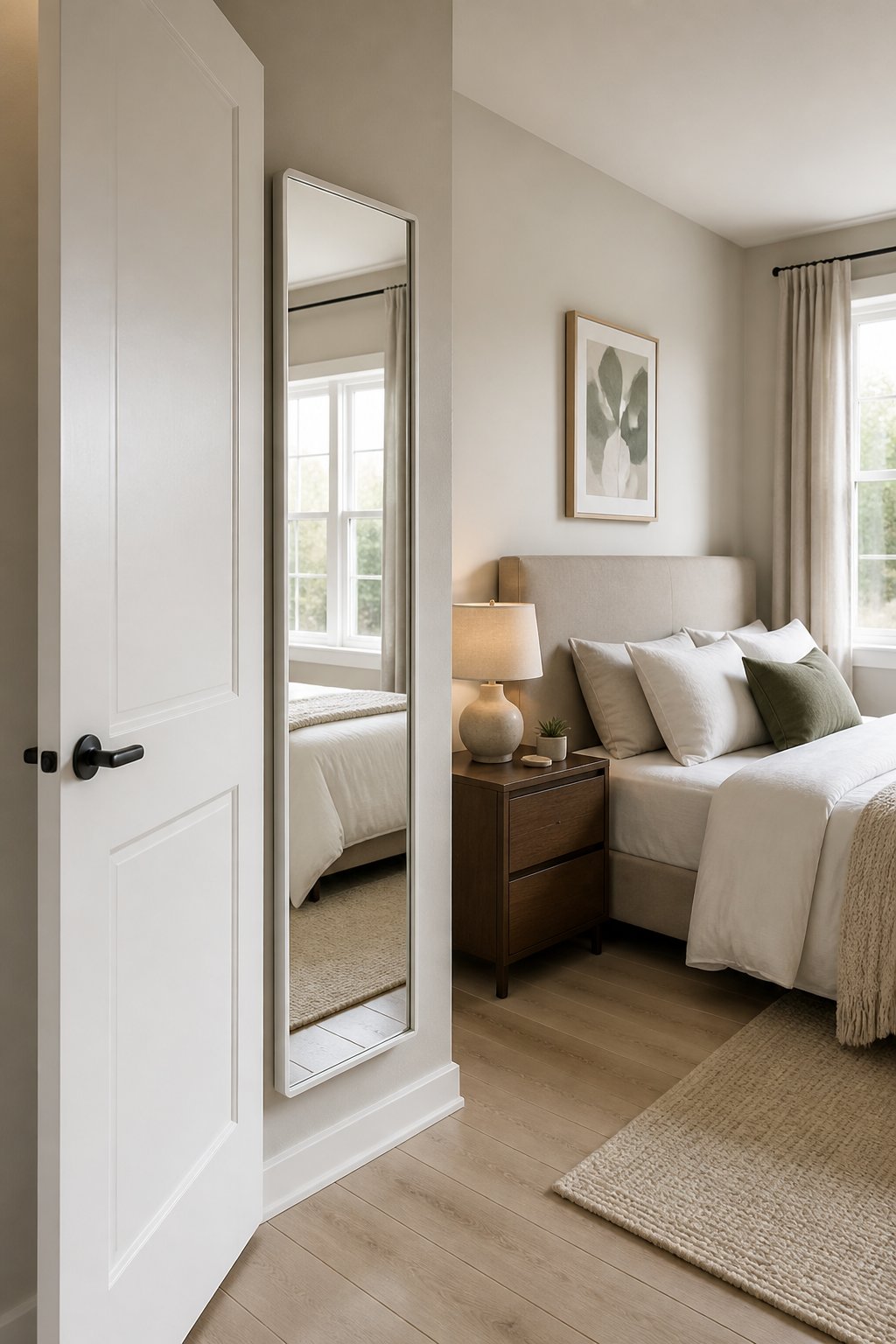 A bright bedroom with a full-length mirror mounted behind an open door.