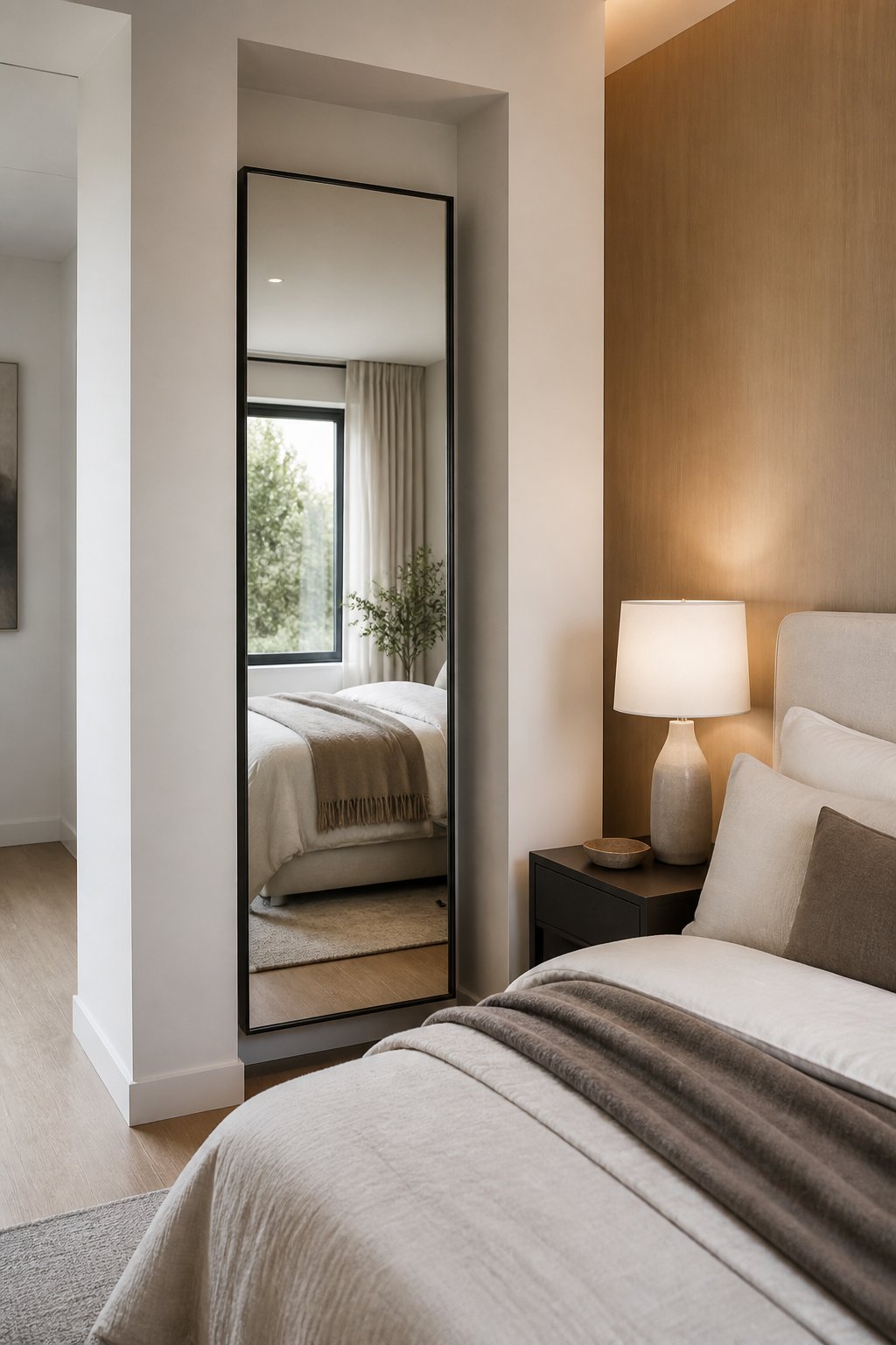 A bedroom with a full-length mirror placed inside a narrow wall alcove.