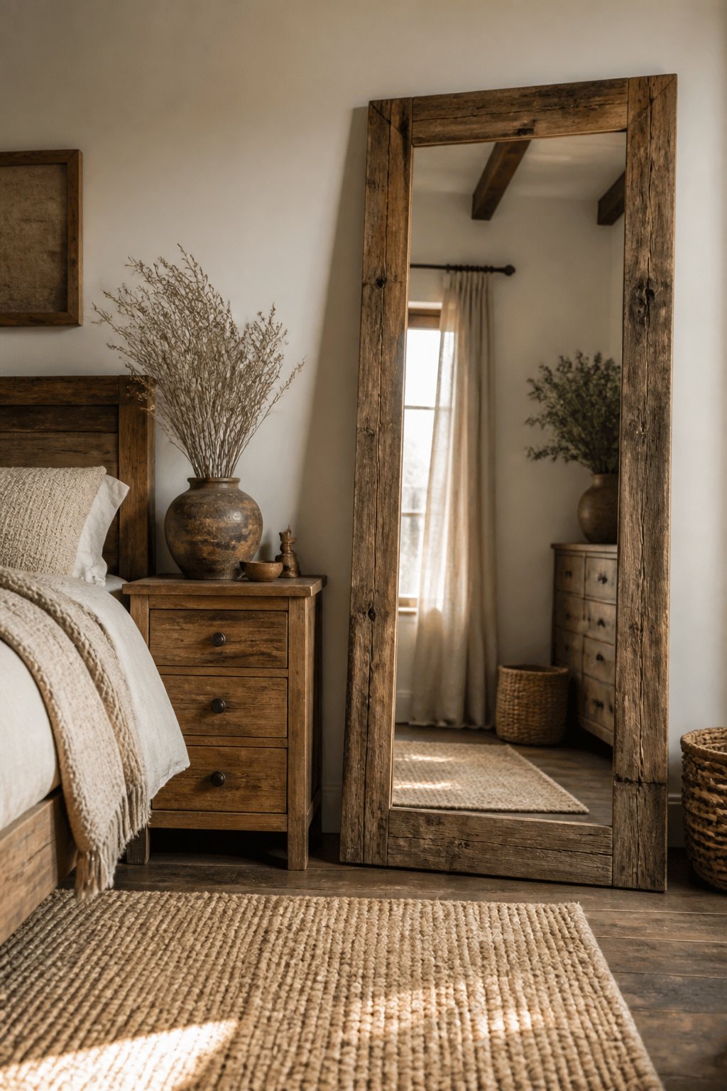 A full-length wood-framed mirror stands beside rustic bedroom furniture.