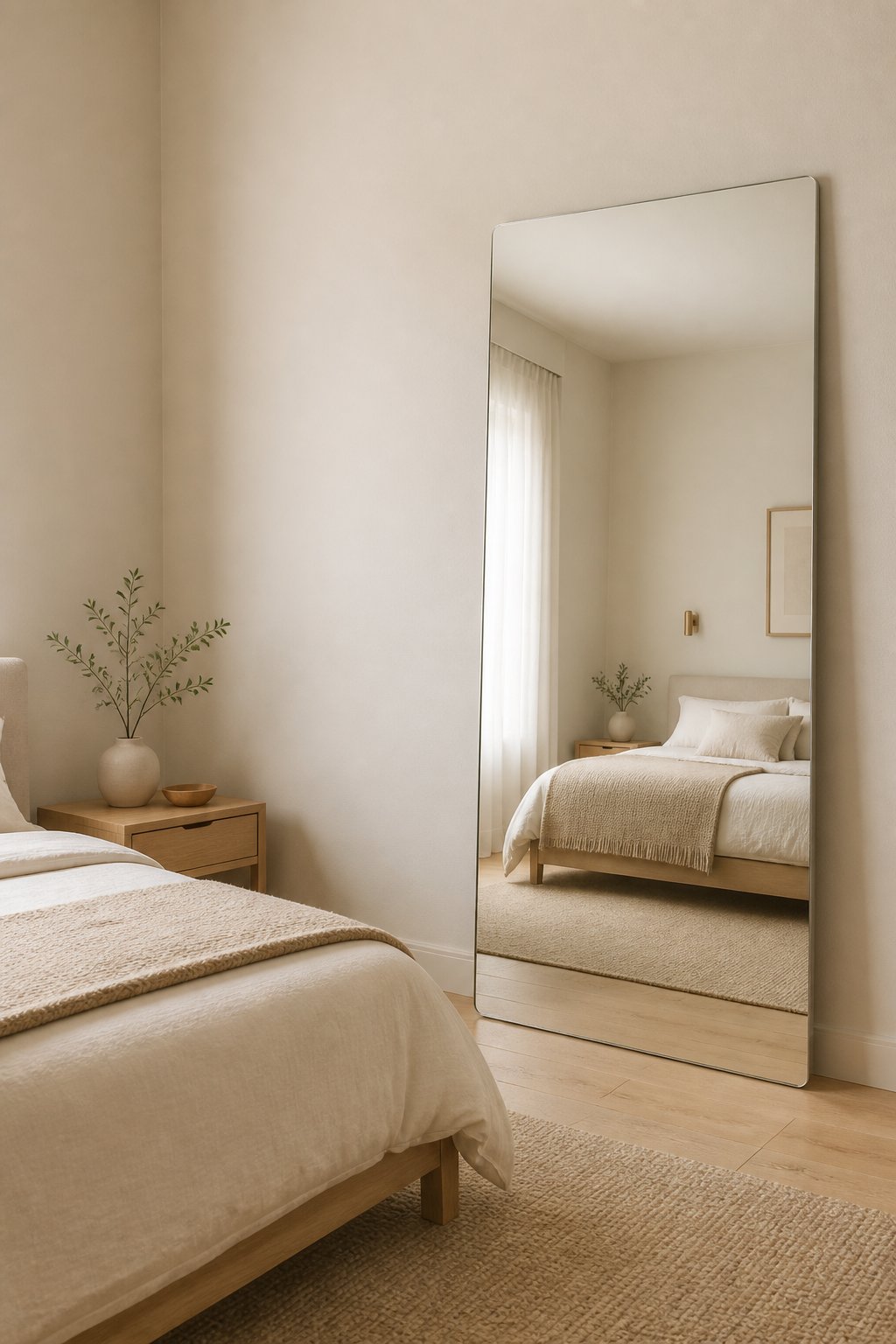 A minimalist bedroom with a large frameless full-length mirror beside a neatly made bed.