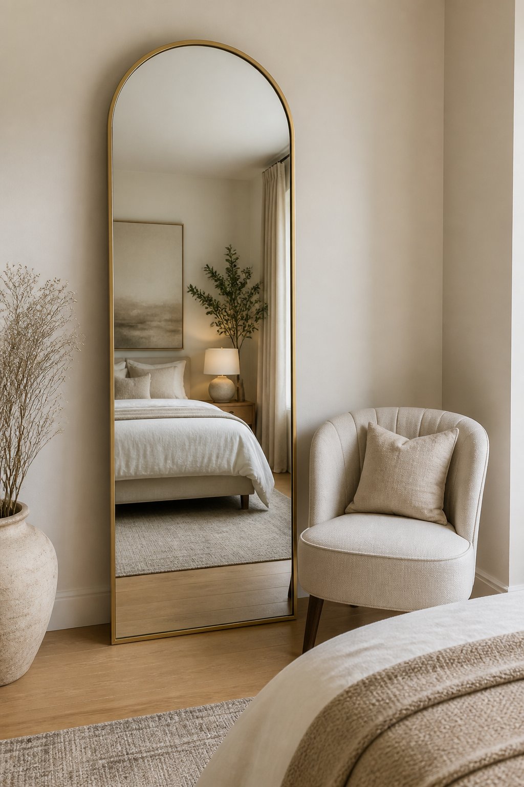 A full-length brass arch mirror stands beside a small accent chair in a neatly furnished bedroom.