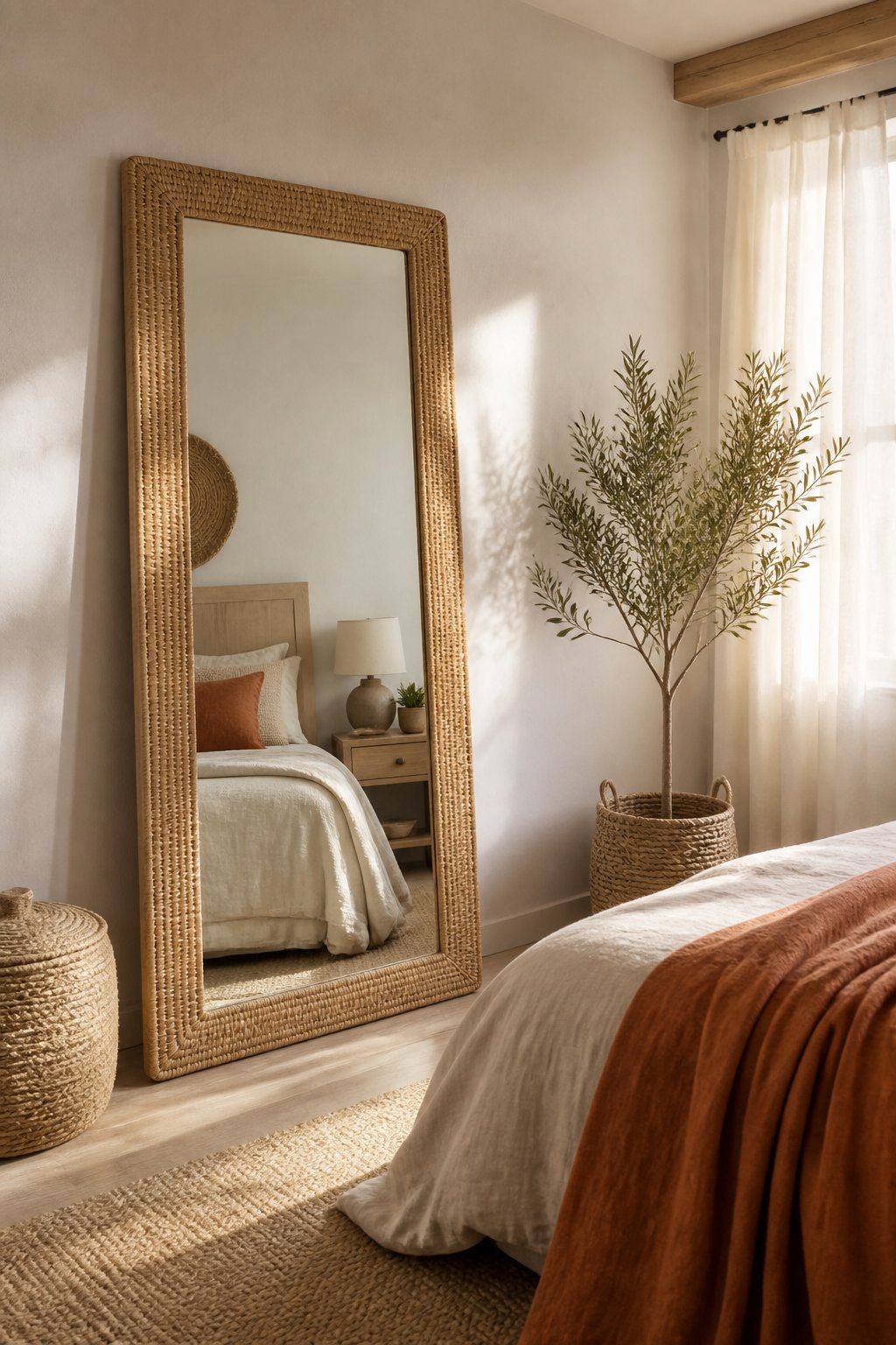 A bedroom with a full-length rattan-framed mirror, a neatly made bed, natural furnishings, and soft sunlight.