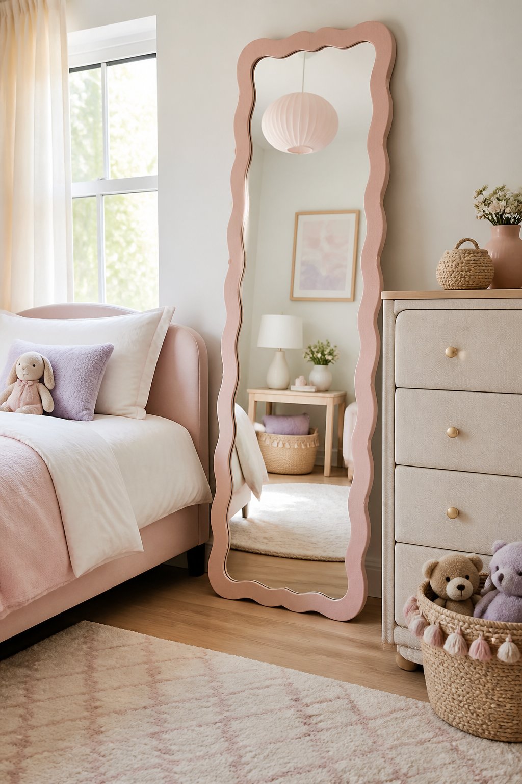 A pink scalloped full-length mirror stands in a bright little girl’s bedroom.