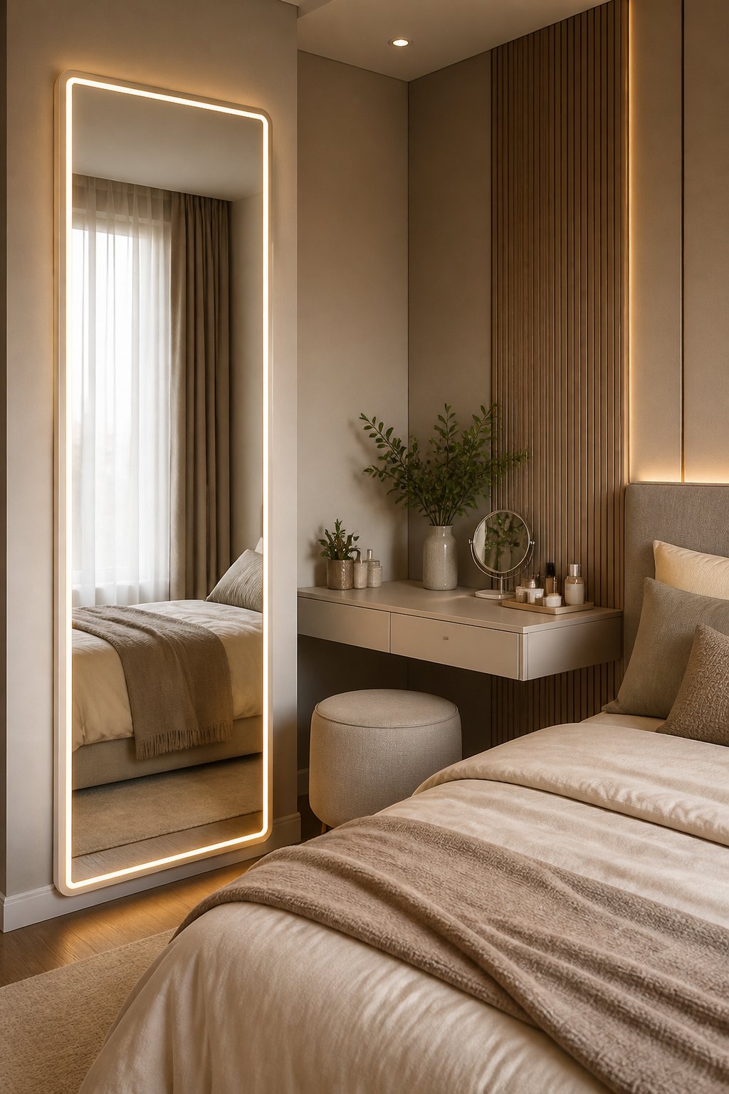 A bedroom vanity beside a full-length mirror with softly glowing edge lights.