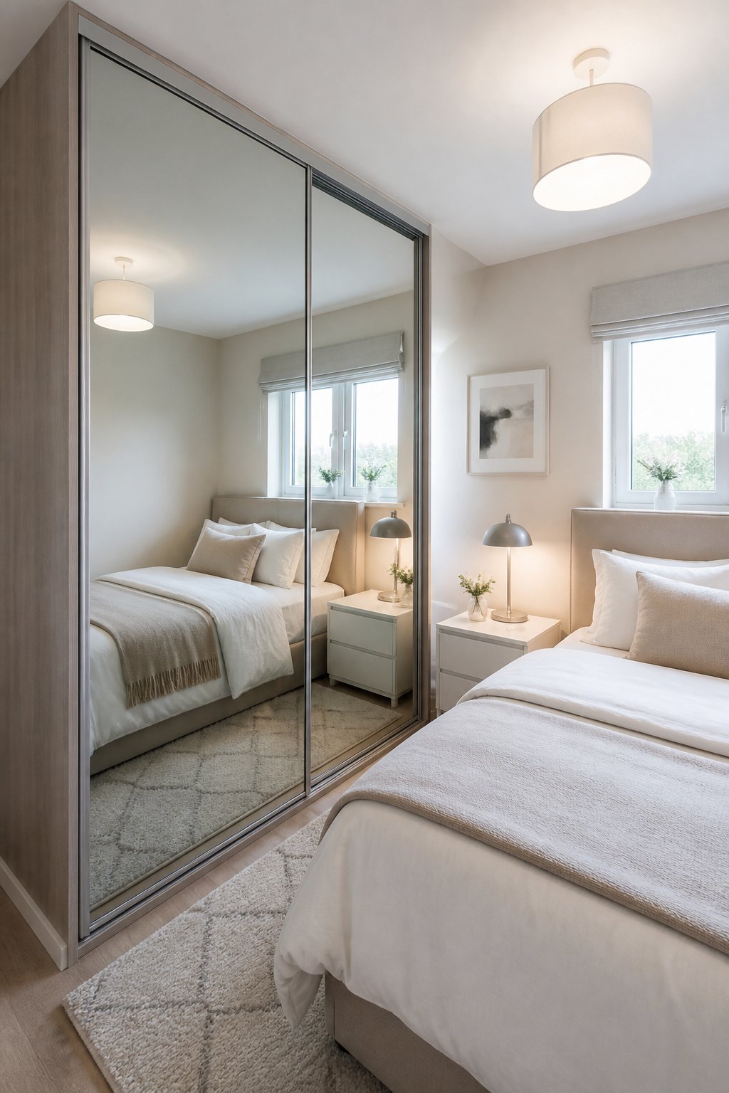 A small bedroom with a full-length mirrored wardrobe door beside a neatly made bed.