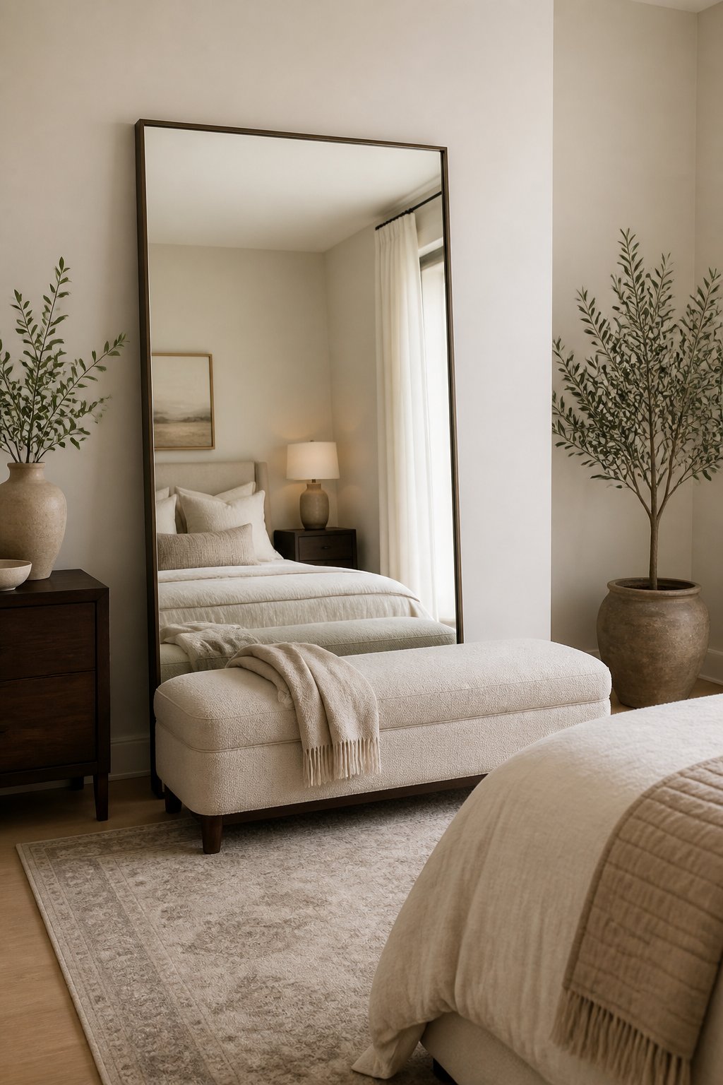 A full-length mirror leans behind a bench at the foot of a neatly made bed in a bright bedroom.